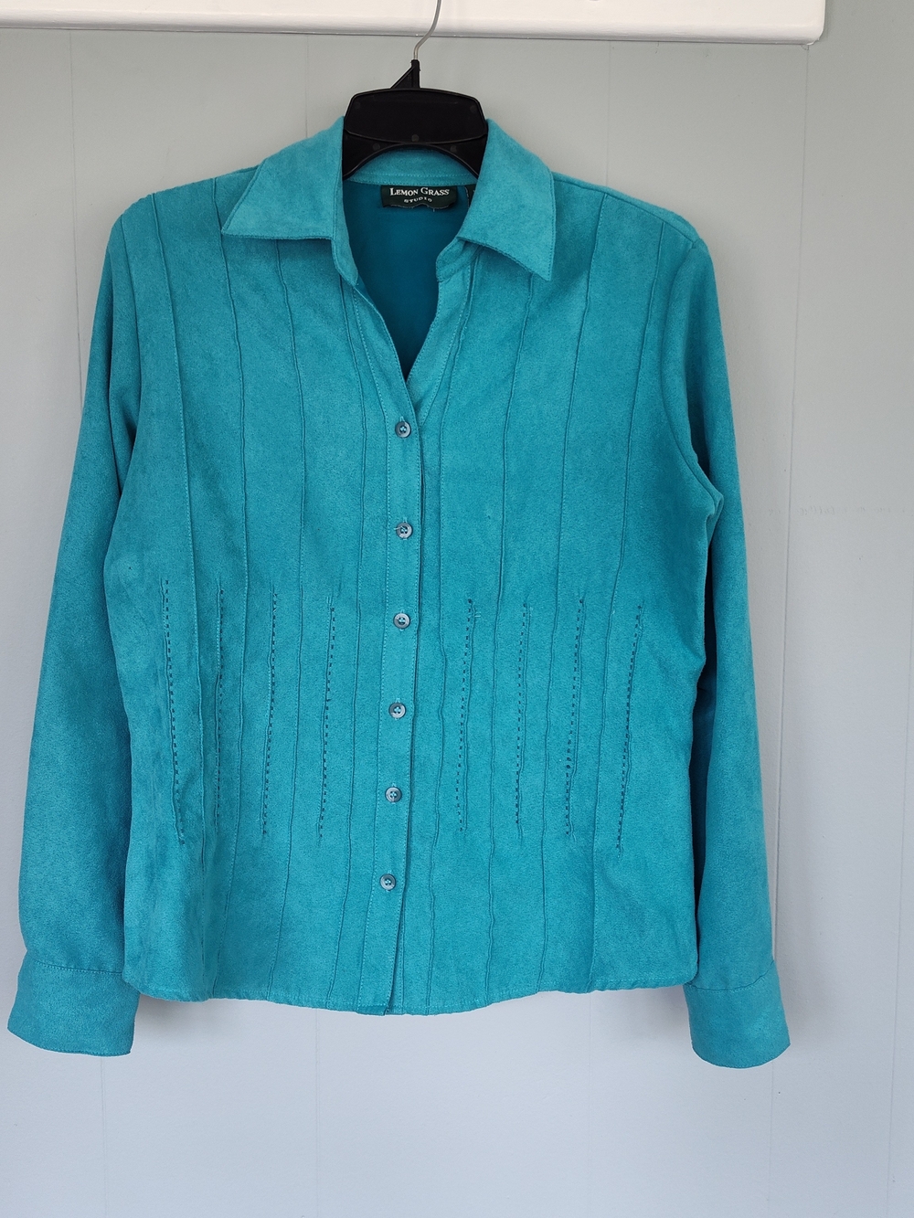 Vintage Imperfect Teal Button-Up Suede-like Long-Sleeve Top - Small